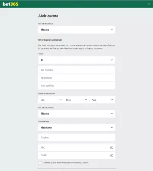 bet 365 Mx - Formulario Registro