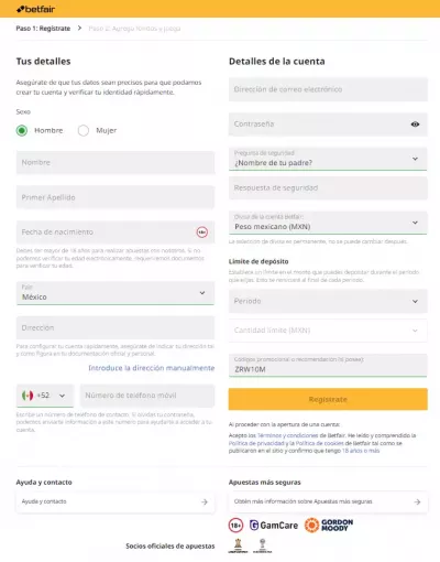 Betfair México - Formulário de Registro